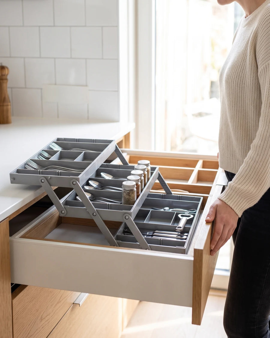 02-keuken.webp: De organizer uitgeklapt in een keukenlade met bestek, kruidenpotjes en een flesopener netjes verdeeld over de drie laadjes