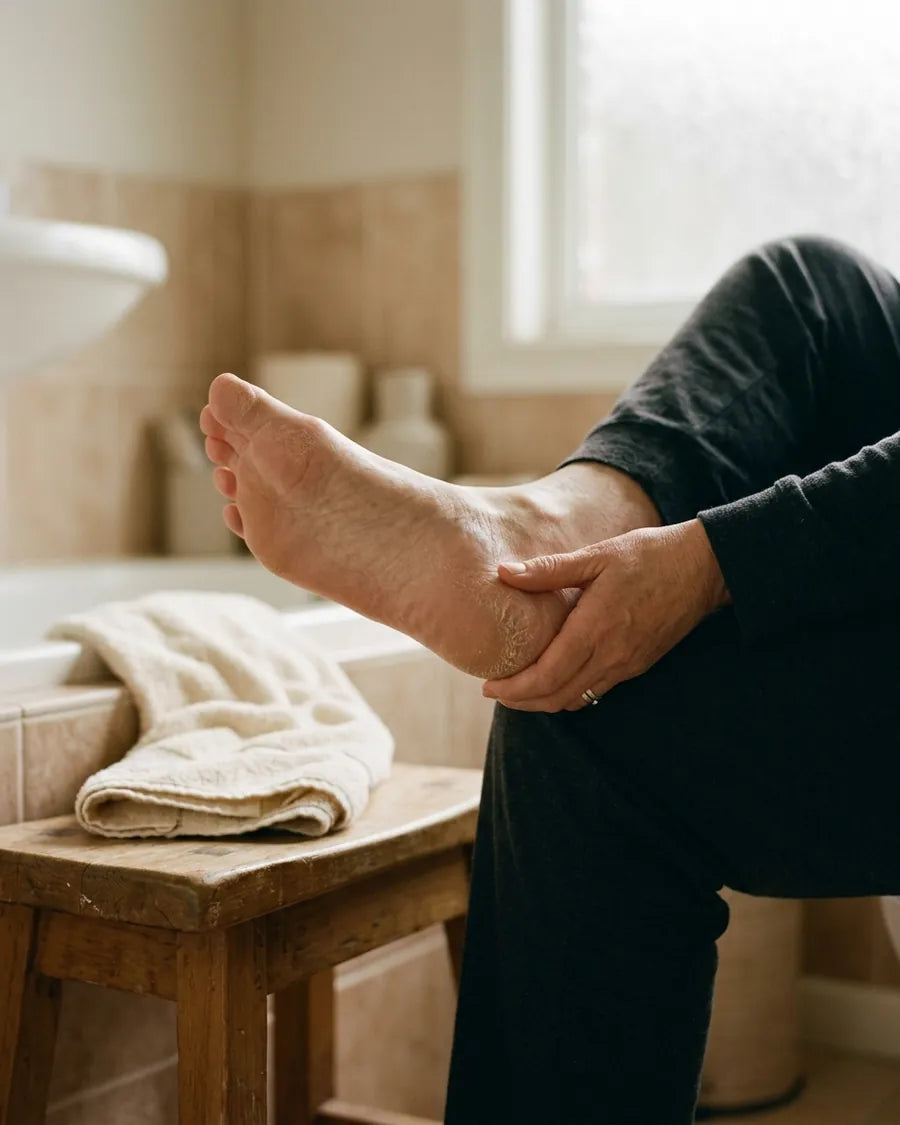 Vrouw houdt haar hiel vast in de badkamer
