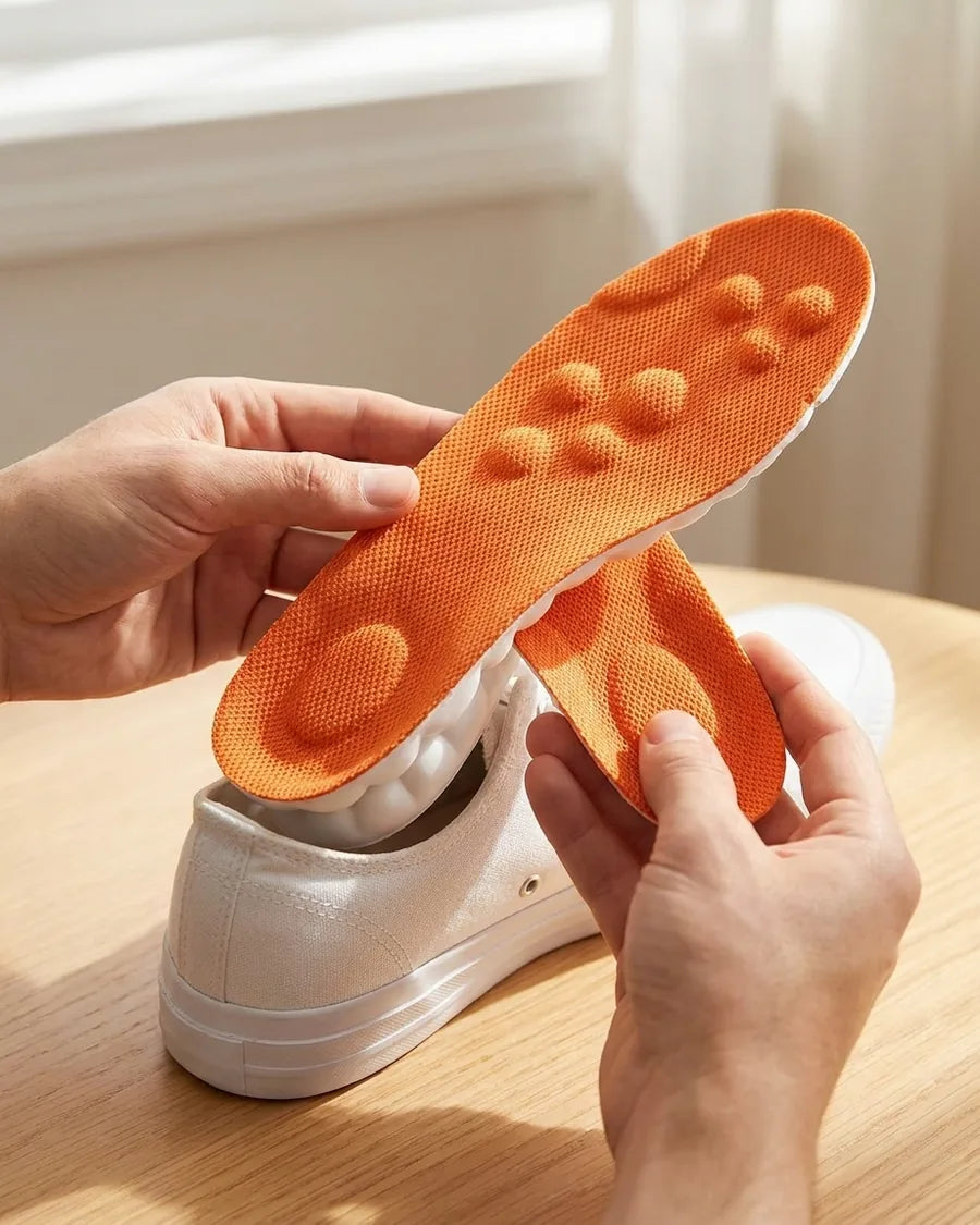 Twee handen leggen een oranje massage-inlegzool in een witte sneaker