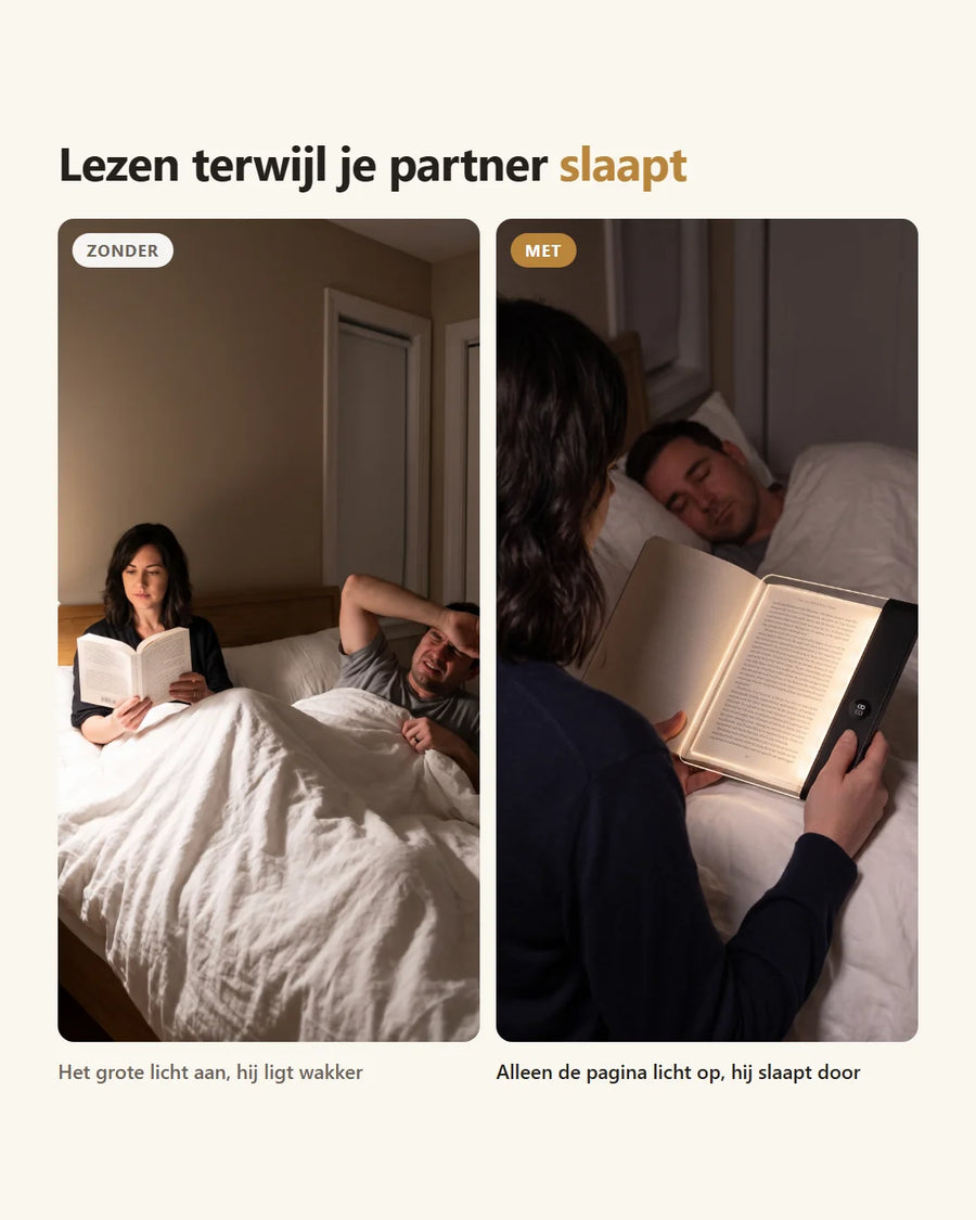 Voor en na: zonder de leesplaat brandt het grote licht, met de leesplaat licht alleen de pagina op en slaapt de partner door