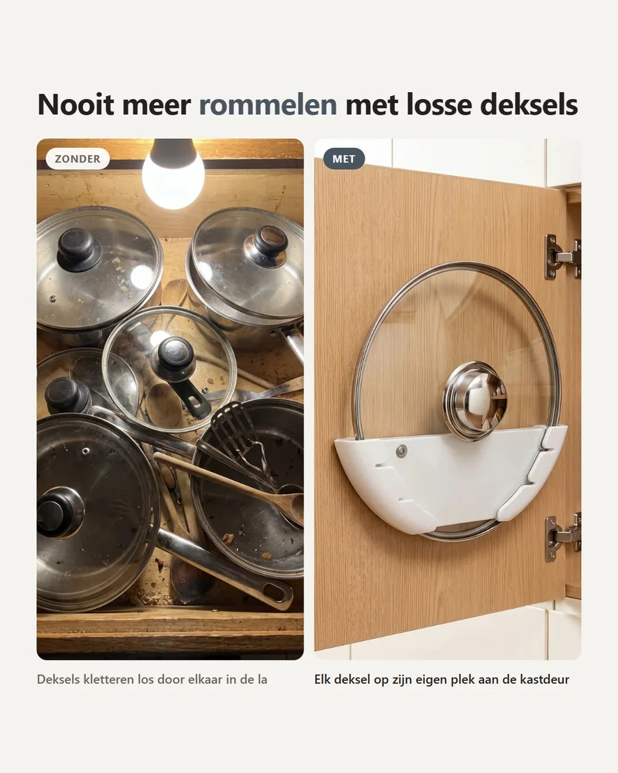 06-voor-na.webp: Voor/na-vergelijking: rommelige la vol losse deksels tegenover een nette houder aan de kastdeur