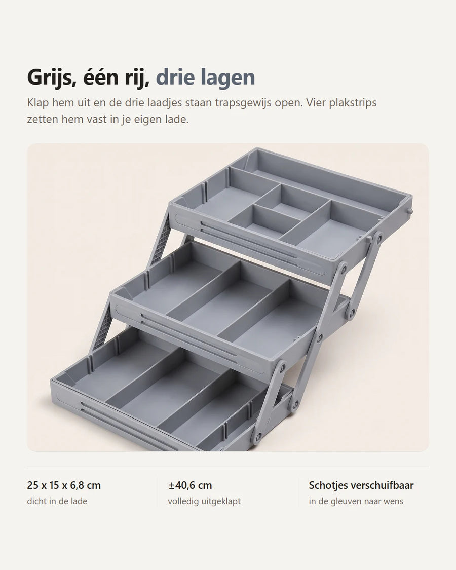 07-infographic.webp: Infographic met de maten (25 x 15 x 6,8 cm dicht, circa 40,6 cm uitgeklapt) en de kenmerken: drie lagen, verschuifbare schotjes, vier plakstrips