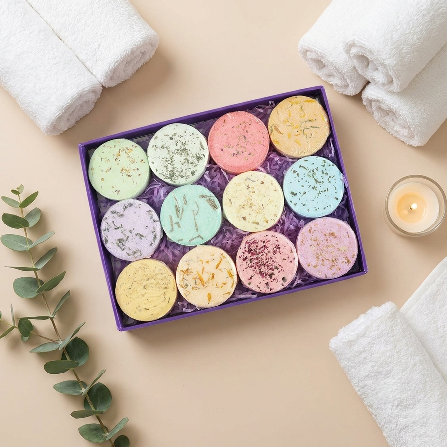 Aromatherapie douchestomers giftbox - spa flat-lay met 12 geuren