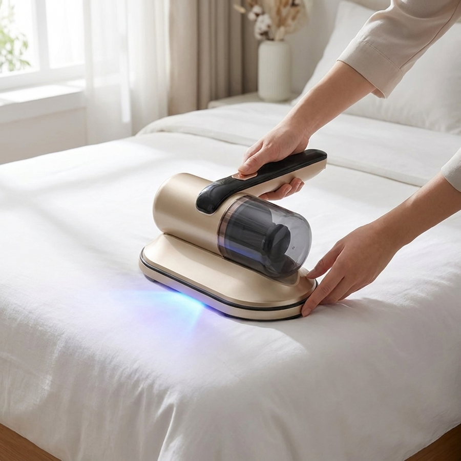 Matras stofzuiger in gebruik op matras met UV-licht