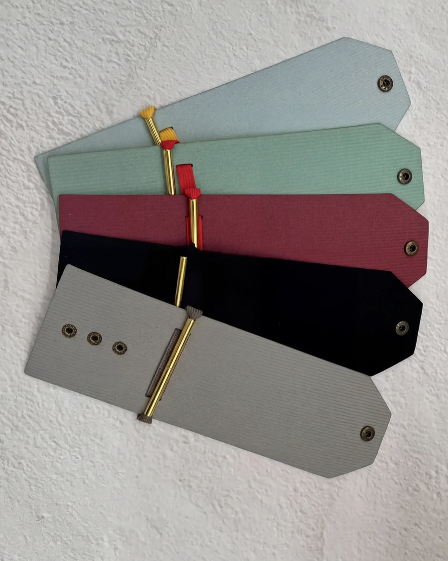 Geldstrook-portemonnee in lichtblauw, mint, rood, zwart en grijs, opengevouwen met metalen klemstaaf