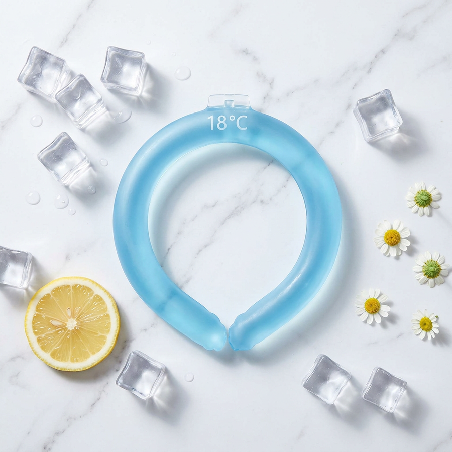 Verkoelende nekband blauw met ijsblokjes en citroen