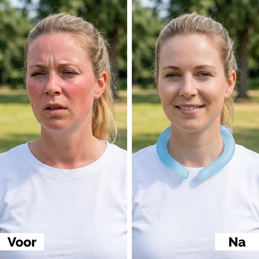 Voor en na: zonder en met de verkoelende nekband
