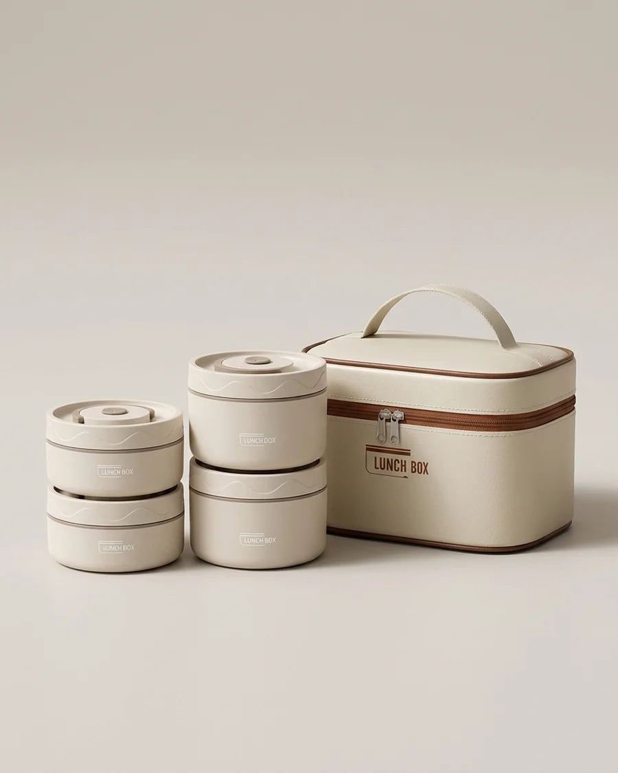 Daypack lunchbox: vier roestvrijstalen bakjes naast de crème draagtas
