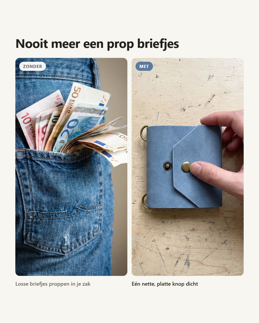 02-voor-na.webp: Vergelijking - links losse briefjes gepropt in een broekzak, rechts de dichtgevouwen wallet met een nette drukknoop