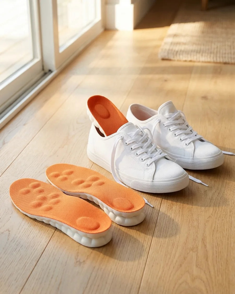 Massage-inlegzolen naast een paar witte sneakers op een houten vloer, klaar om in te leggen