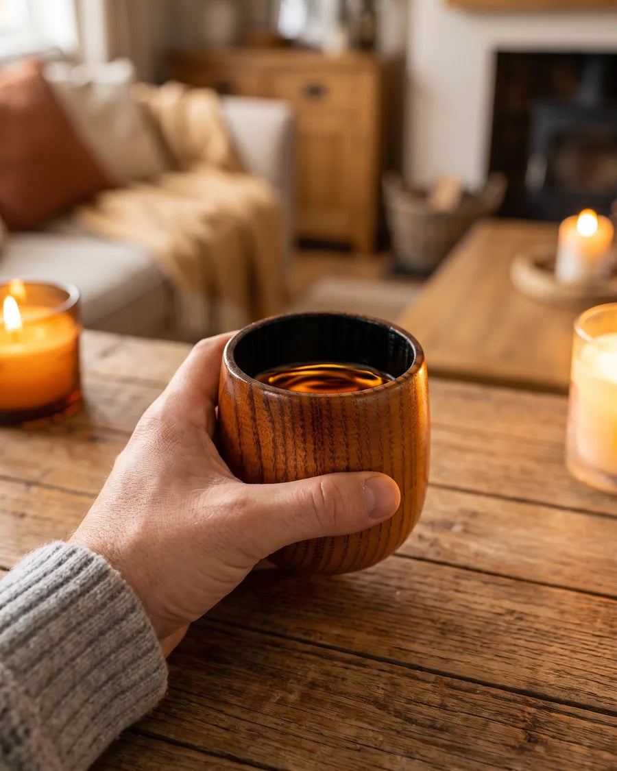 Hand houdt het houten whiskeyglas vast bij kaarslicht in de woonkamer