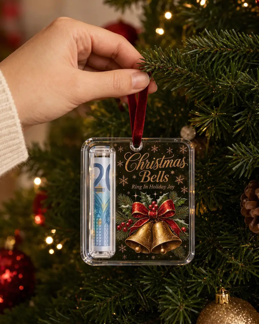 Hand pakt de klokken-hanger met eurobiljet van de kerstboom