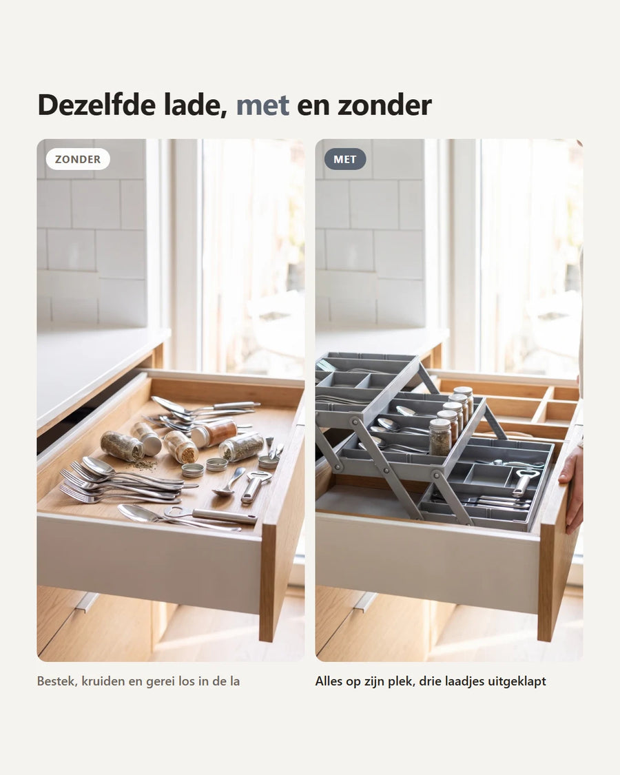 06-voor-na.webp: Voor/na-vergelijking van dezelfde keukenlade: links bestek en kruiden los in de la, rechts alles verdeeld over de uitgeklapte organizer