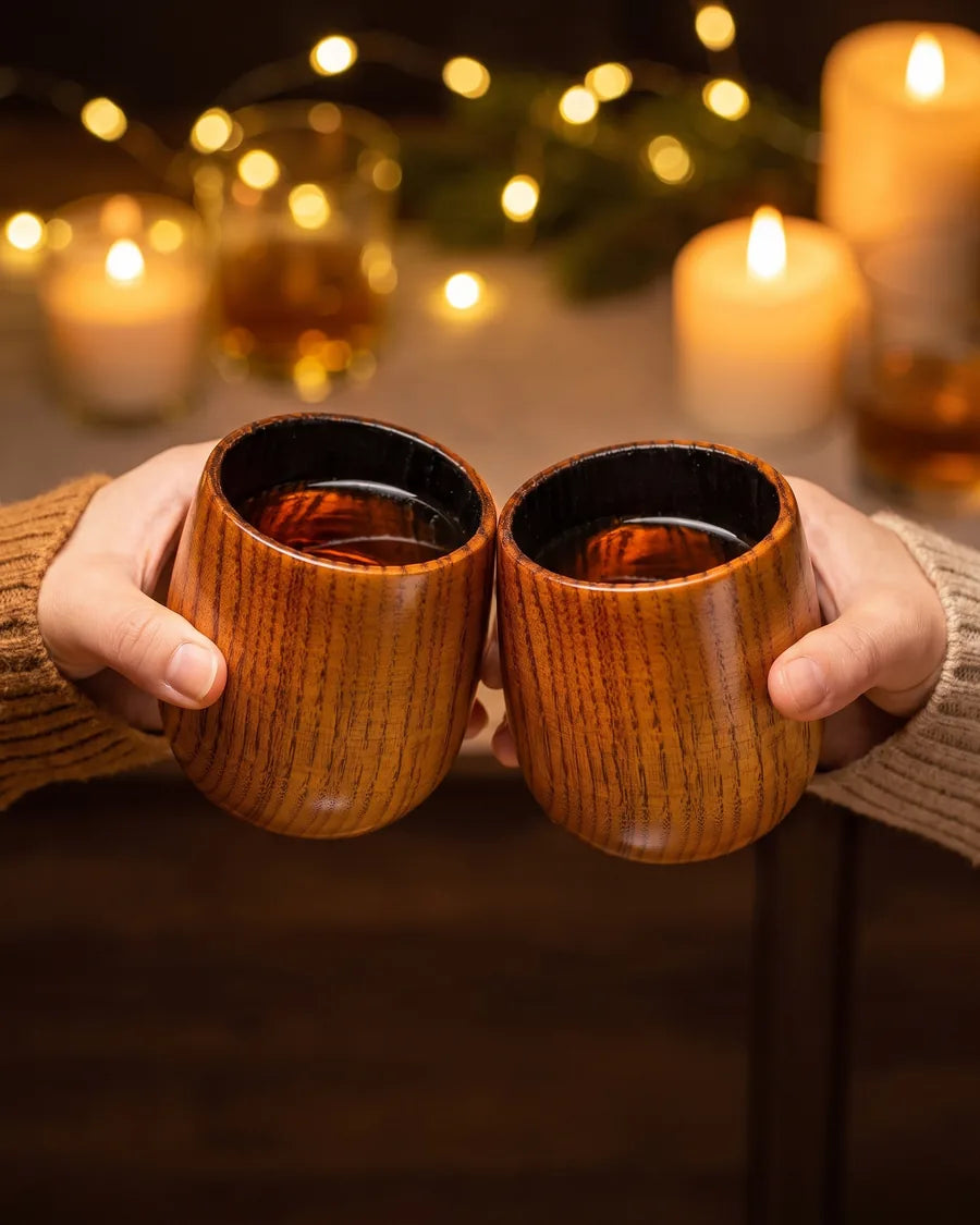 Twee houten whiskeyglazen die tegen elkaar getikt worden, samen proosten