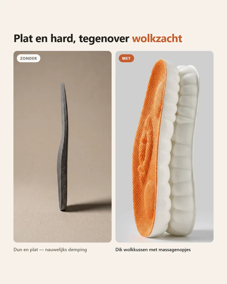 Doorsnede: een dunne, platte harde inlegzool tegenover de dikke wolkzool met massagenopjes