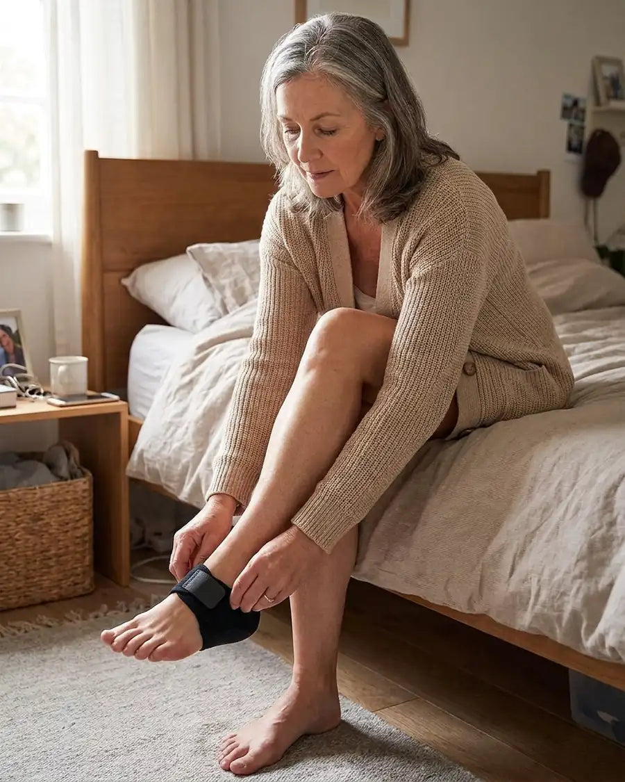 Vrouw doet 's ochtends op het bed een hielkap om