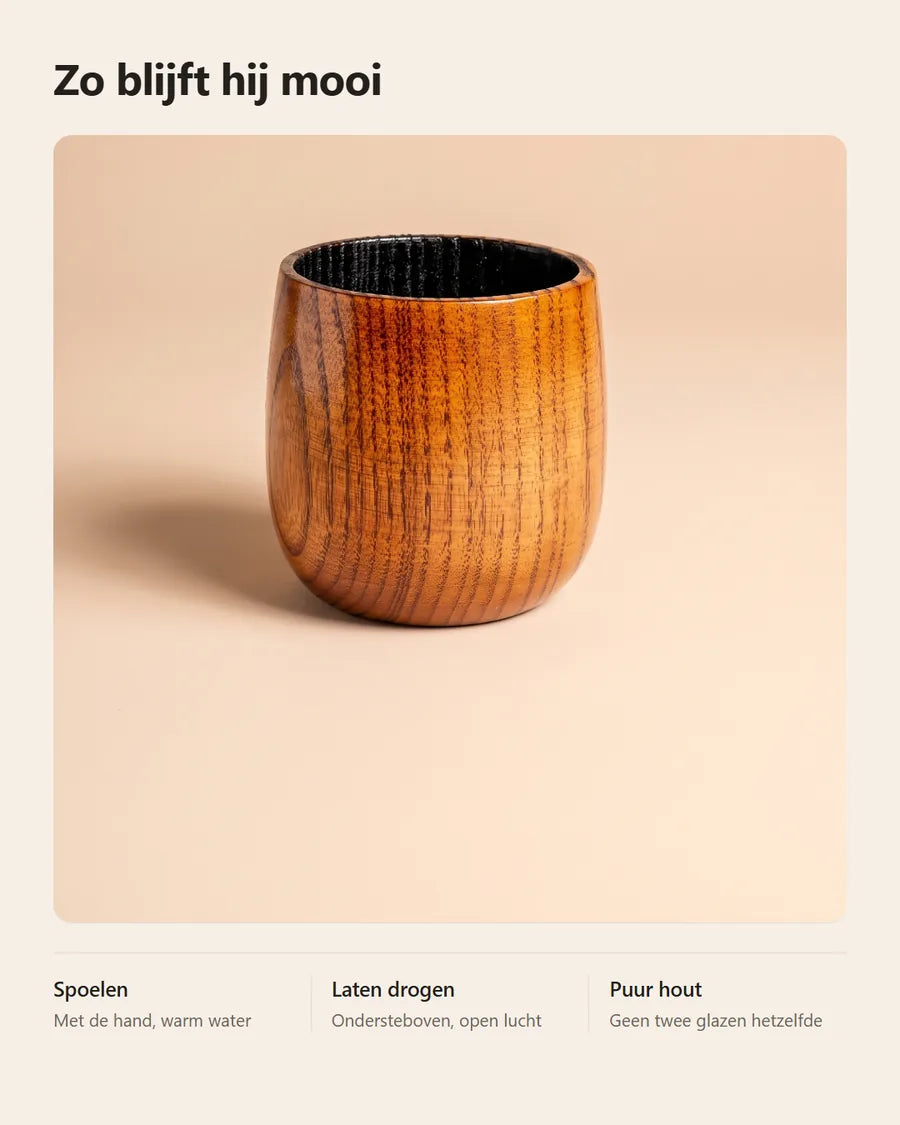 Houten whiskeyglas met onderhoudstips: spoelen, laten drogen, puur hout