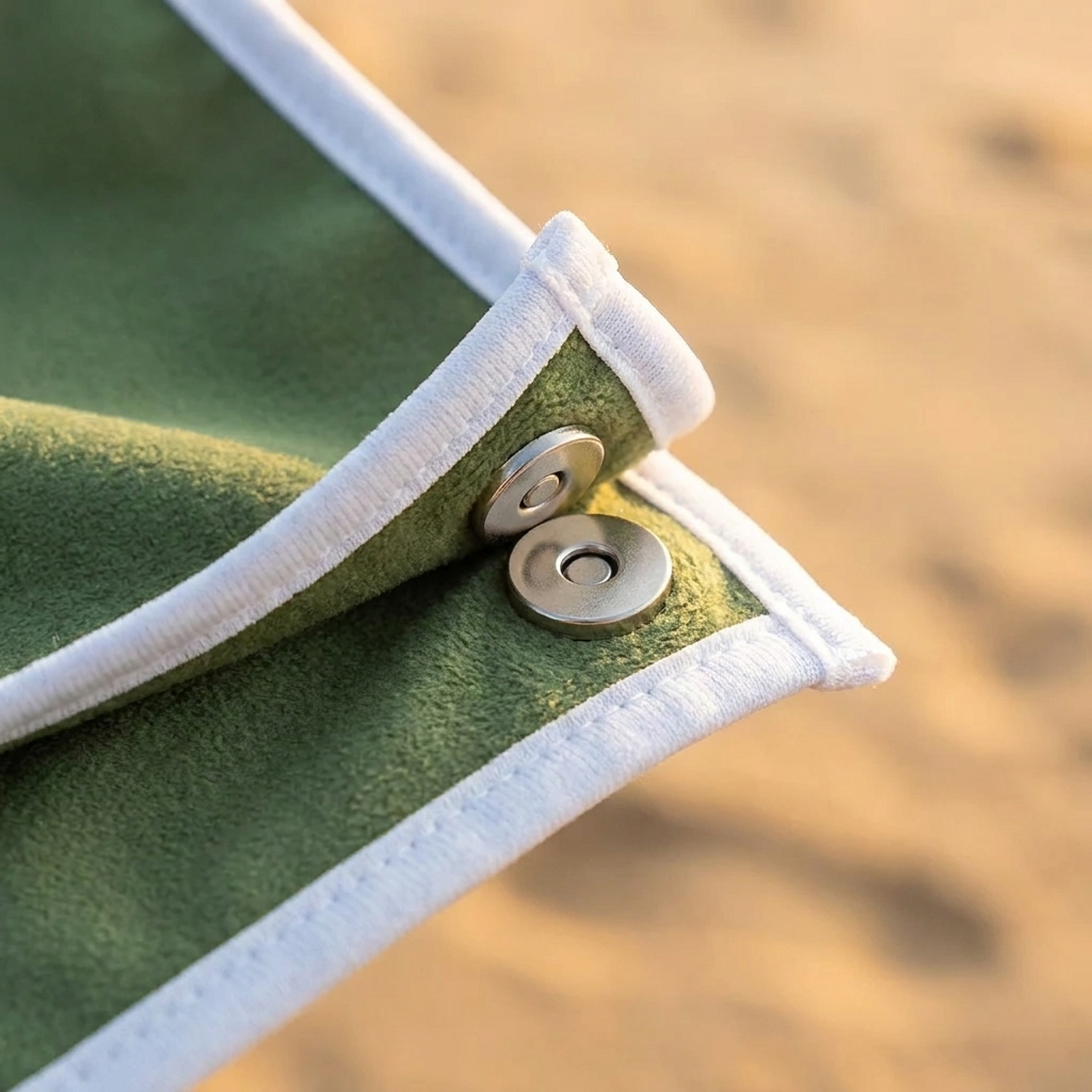 Close-up van de magnetische sluiting van de strandhanddoek