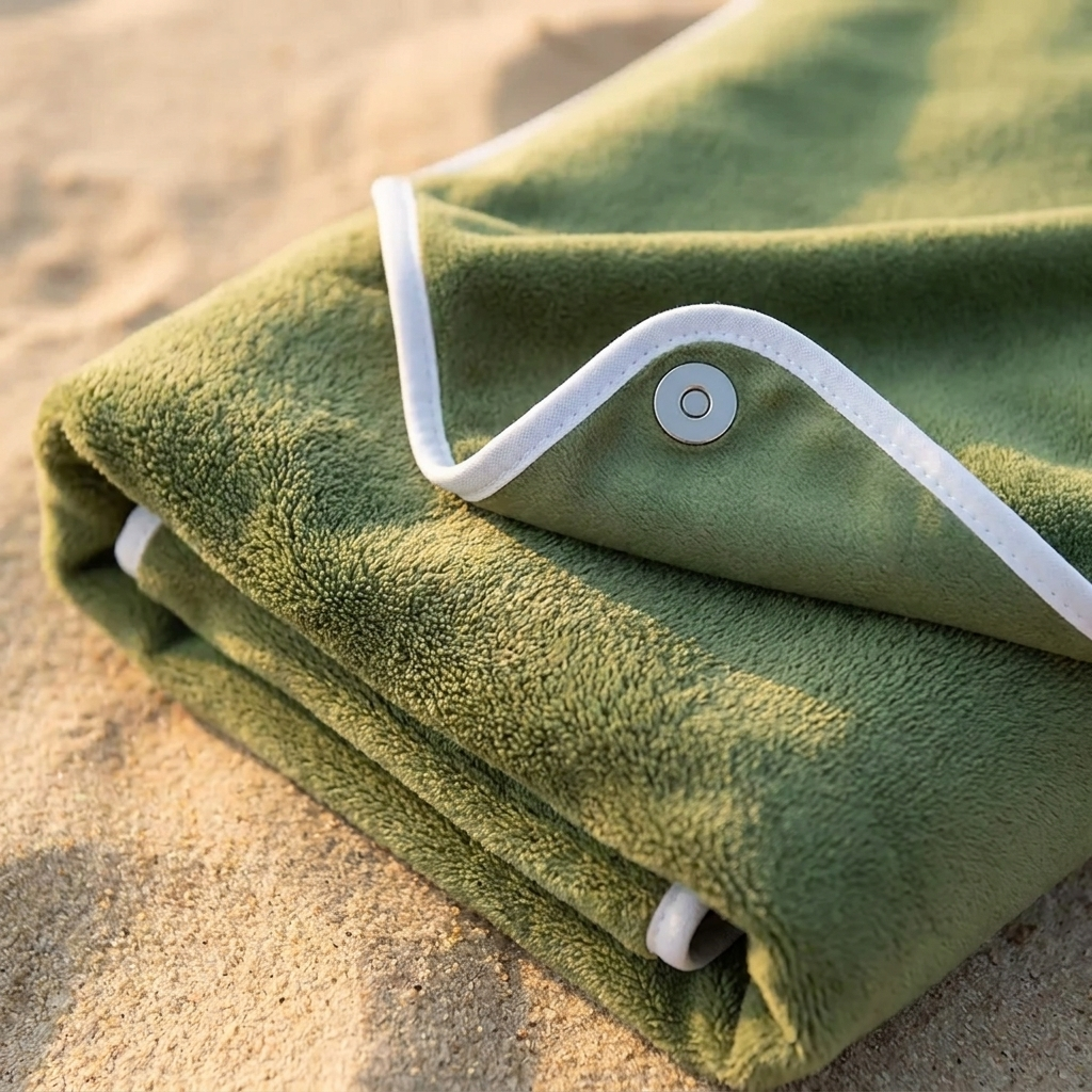 Detail van het zachte micro-flanel materiaal met witte bies en magneetknop