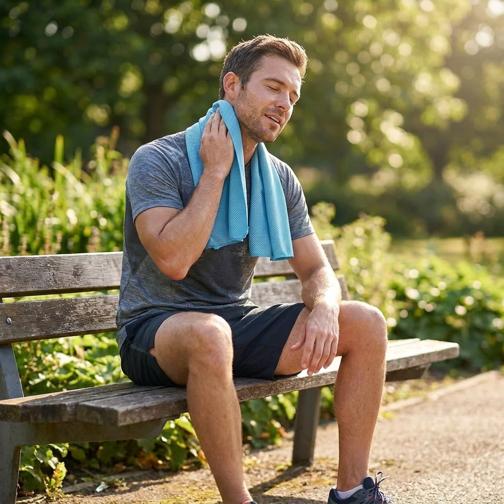 Man koelt zijn nek met de koelende sporthanddoek na het hardlopen