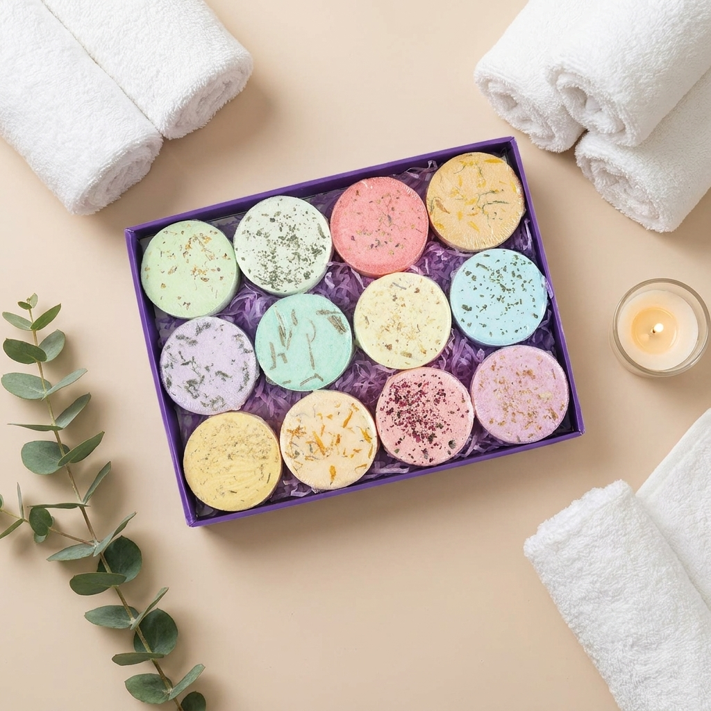 Aromatherapie douchestomers giftbox - spa flat-lay met 12 geuren