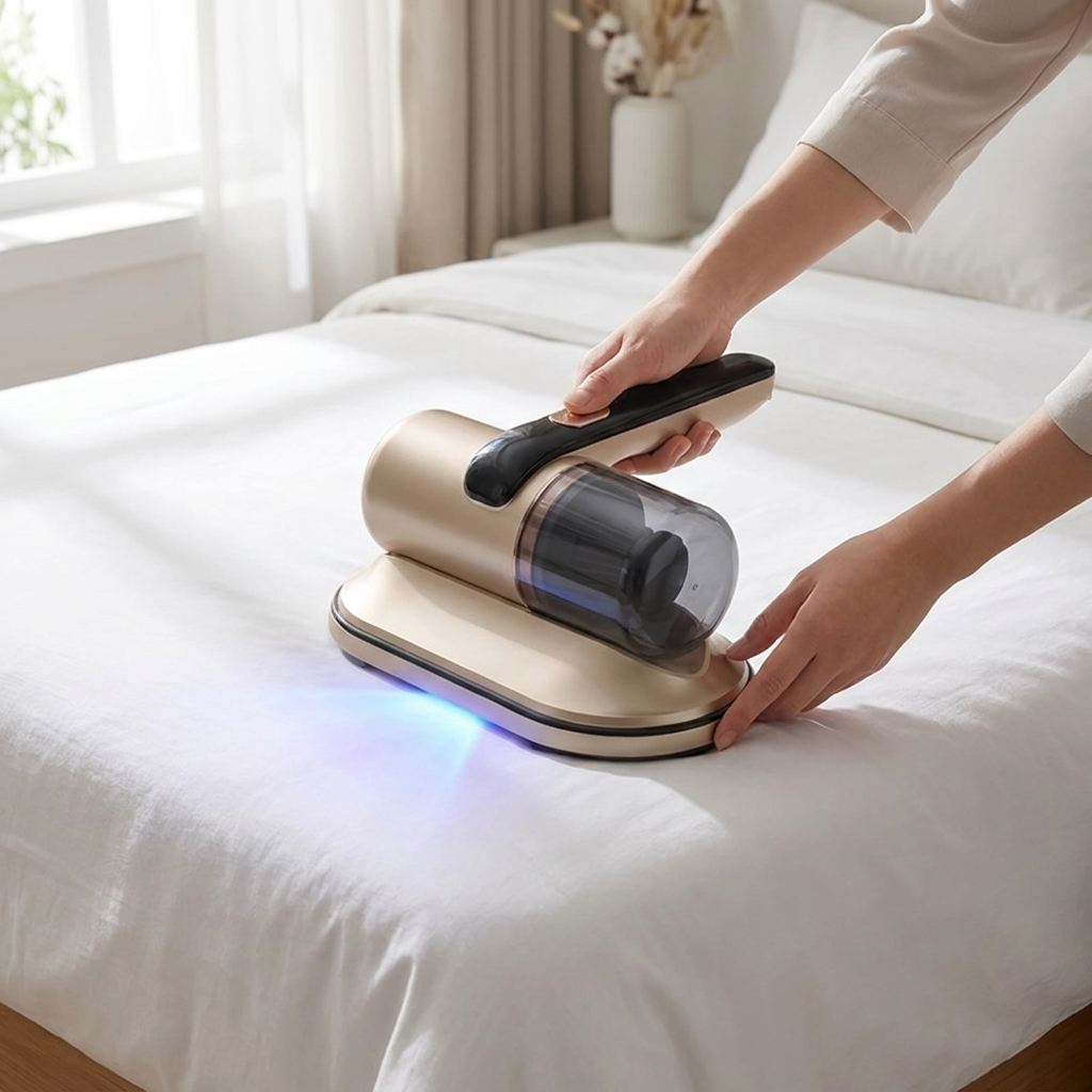 Matras stofzuiger in gebruik op matras met UV-licht