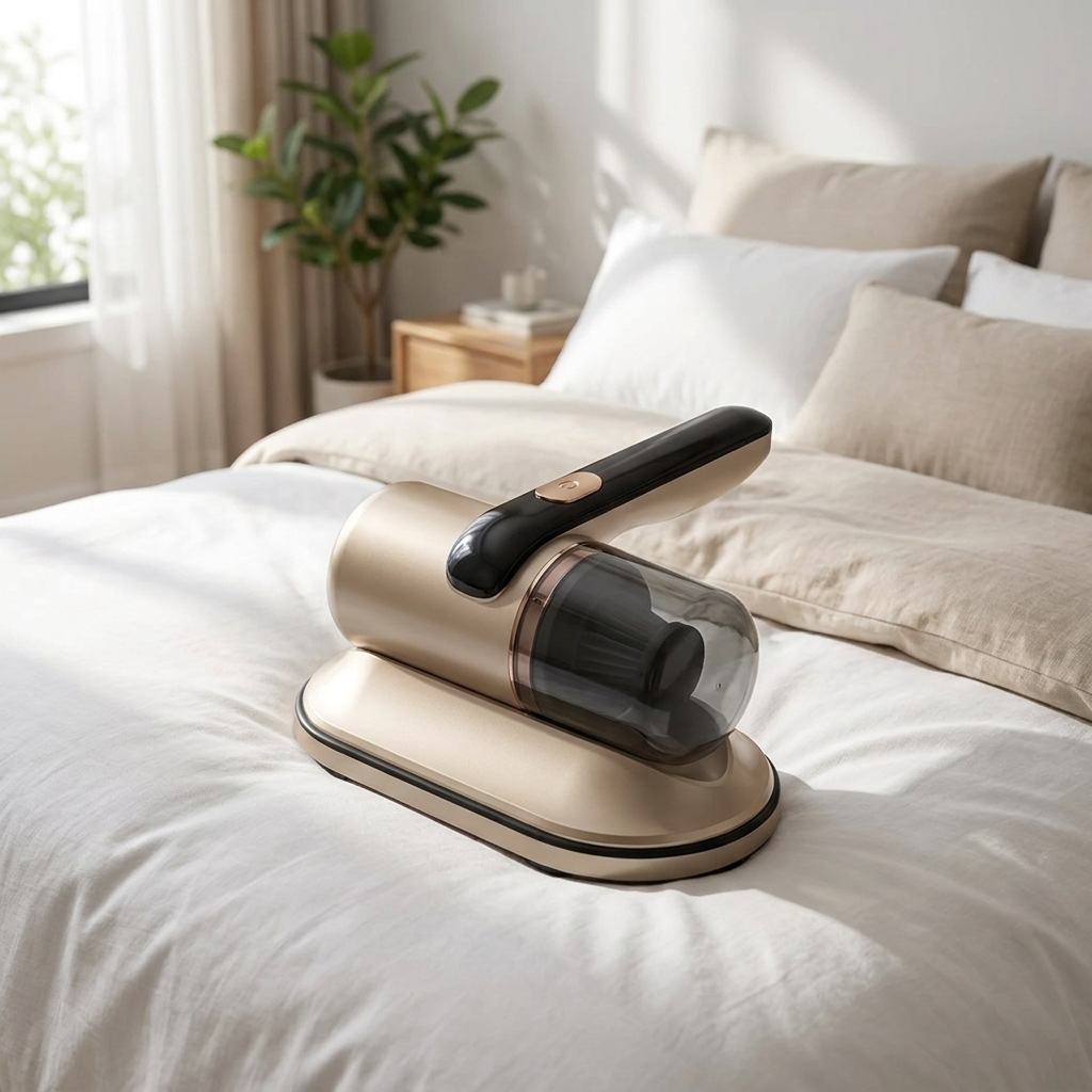 Matras stofzuiger op een fris opgemaakt bed - lifestyle