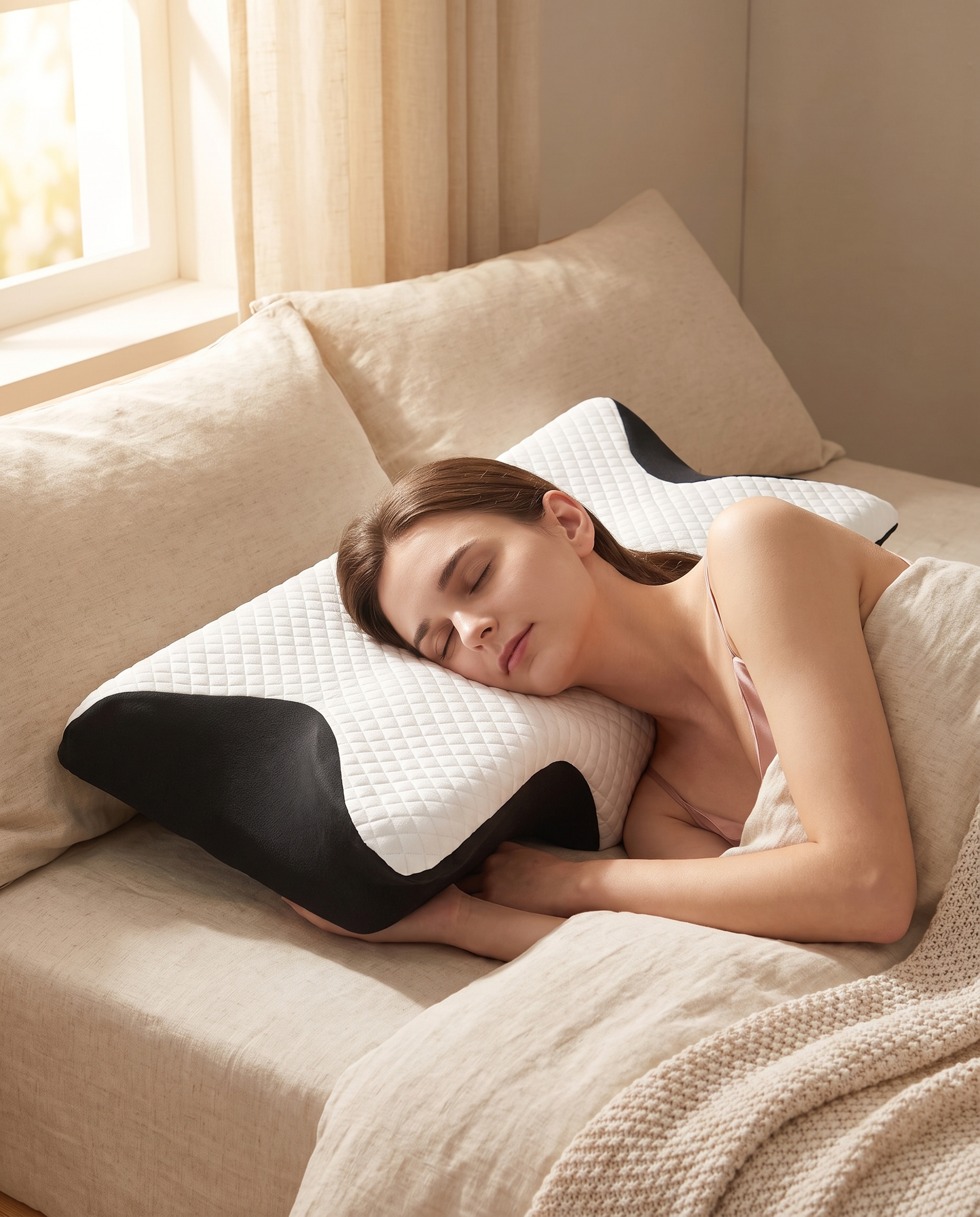Ergonomisch Nekkussen -- lifestyle, vrouw slaapt op het kussen