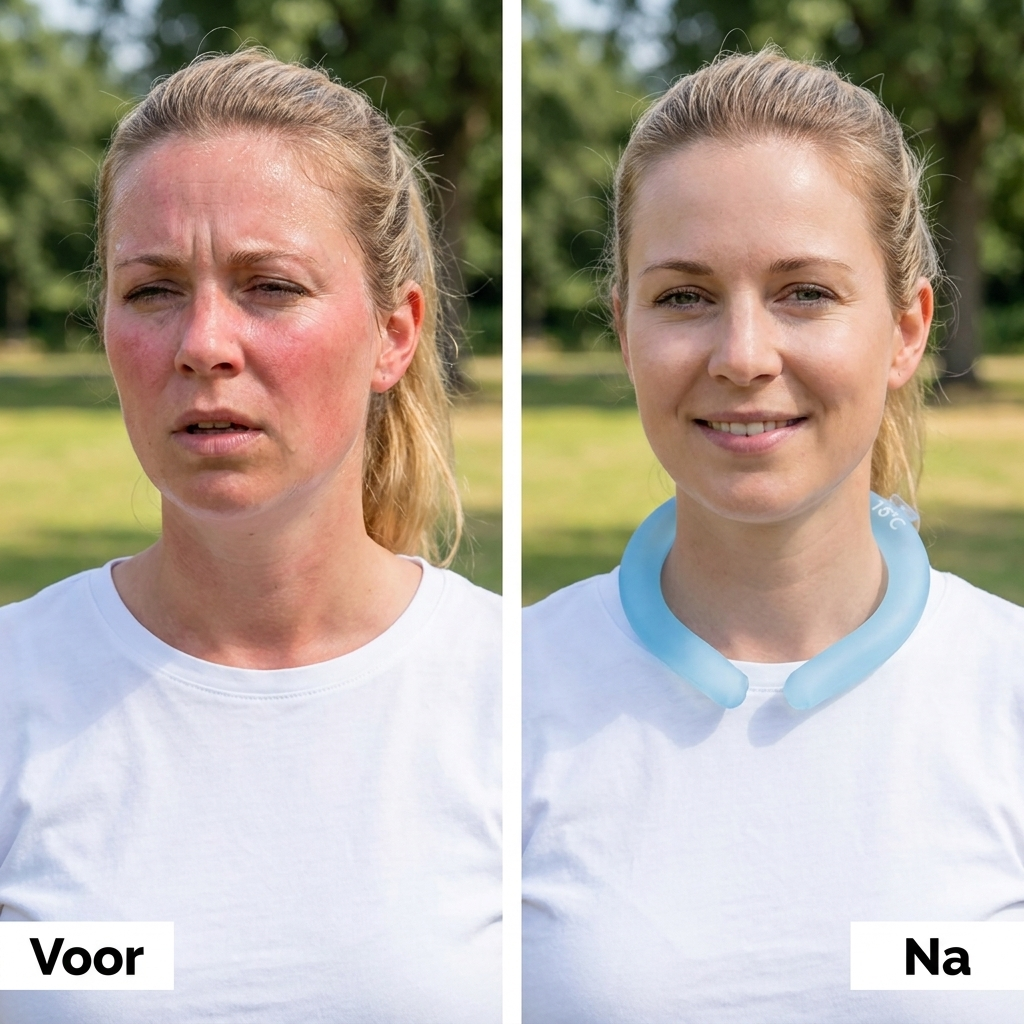 Voor en na: zonder en met de verkoelende nekband