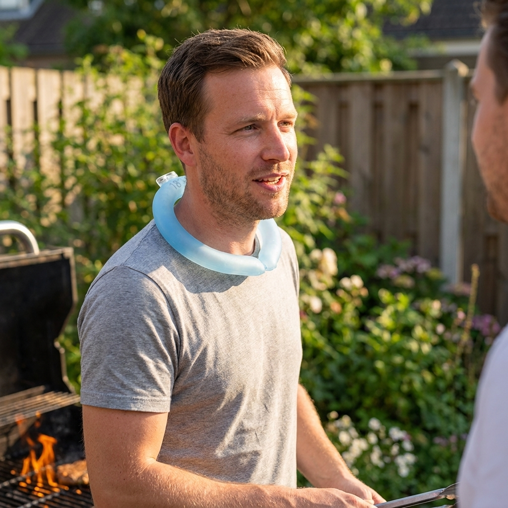 Man draagt de verkoelende nekband bij de barbecue